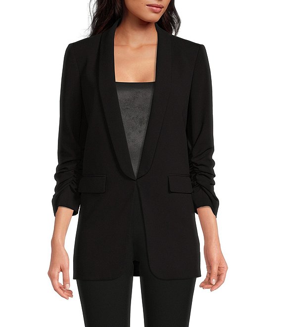 Color:Black - Image 1 - Jemma Ruched 3/4 Sleeve Shawl Collar Boyfriend Blazer
