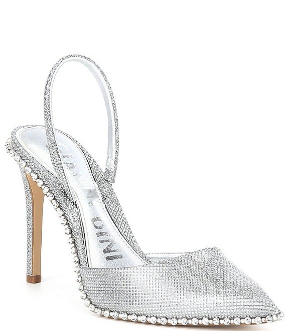 Color:Silver - Image 1 - Kahleaa1 Jewel Embellished Glitter Slingback Dress Pumps