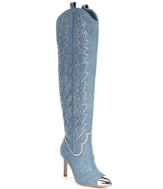 Gianni Bini Katerina Two Slim Calf Denim Rhinestone Over-the-Knee Western Dress Boots