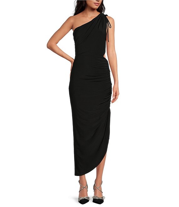 Color:Black - Image 1 - Katie One Shoulder Sleeveless Matte Jersey Mini to Midi Knit Tie Dress