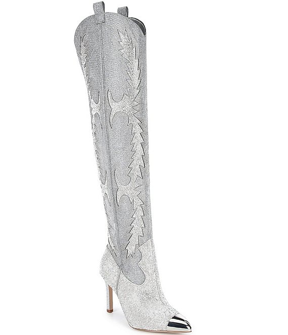 Color:Silver - Image 1 - Katyanna Over-the-Knee Rhinestone Embellished Western Dress Boots