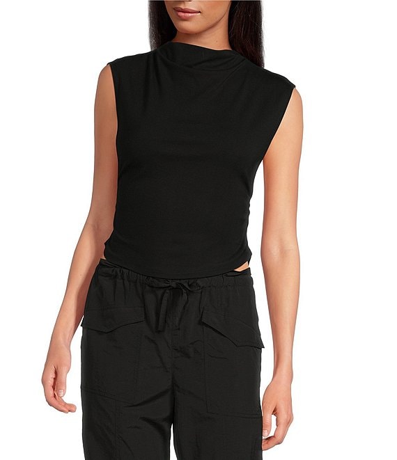 Gianni Bini Knit Mock Neck Cap Sleeve Crop Top, Black - Image 1