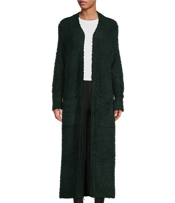 Color:Hunter Green - Image 1 - Leanna Boucle Long Sleeve Patch Pocket Oversize Open Front Cardigan