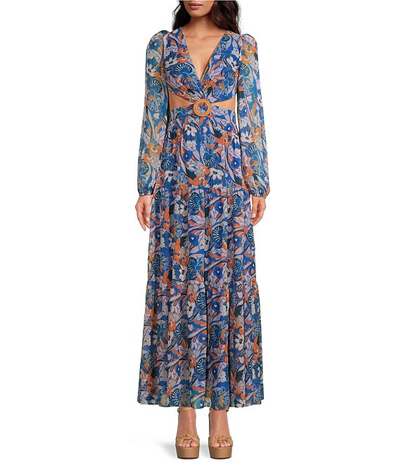 Gianni Bini Lillian Floral Print Long Sleeve Deep V-Neck Cut-Out Tiered ...