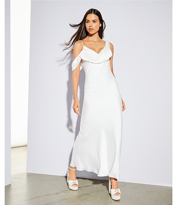 white satin asymmetrical dress Gianni Bini Maeve Neck A-Line Color:Ivory As Picture collection_coastal A-Line Bateau Long Sleeves
