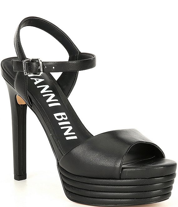 Color:Black - Image 1 - Ophyliah Leather Ankle Strap Stiletto Platform Dress Sandals