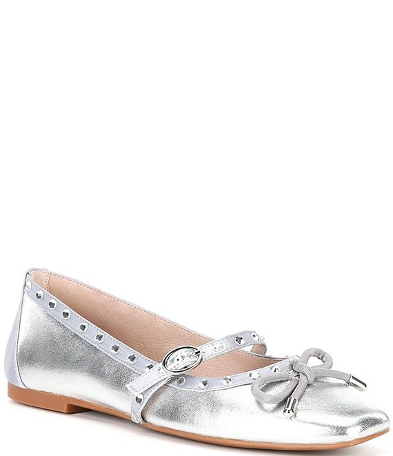 Gianni Bini Rayna Metallic Leather Rhinestone Trim Mary Jane Ballerina Bow Flats