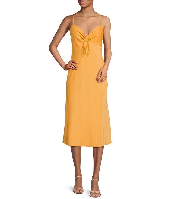 Color:Pop Orange - Image 1 - Remi Crepe Sleeveless Tie Front V-Neck Open Back Detail Midi Dress