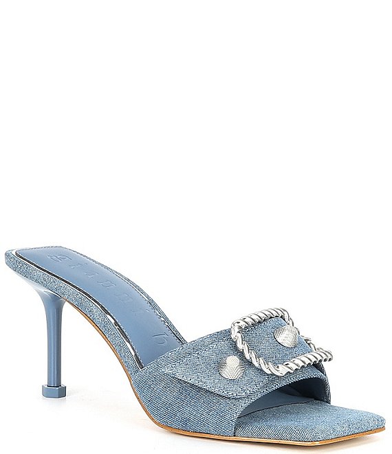 Color:Medium Blue - Image 1 - Vonn Denim Buckle Detail Hardware Slide Sandals