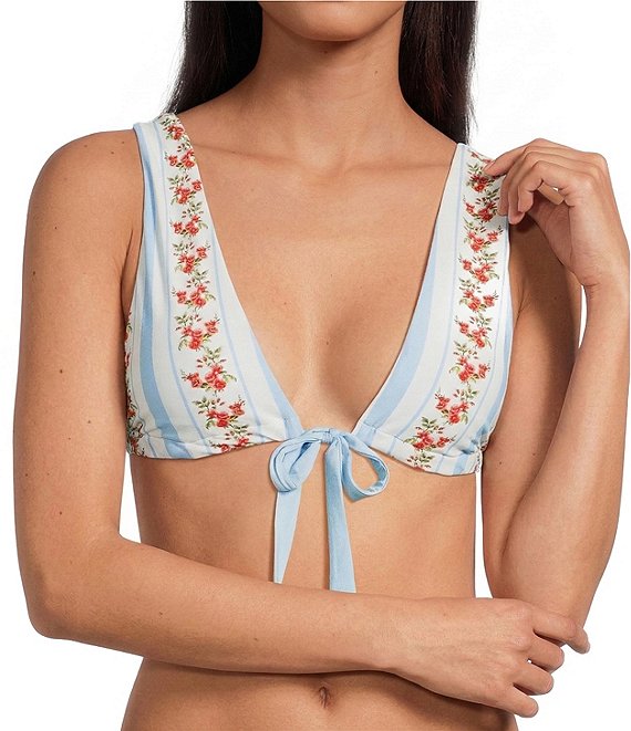 Gianni Bini x Cyd Morris The Lou Dainty Floral Stripe Tie Front Triangle Swim Top
