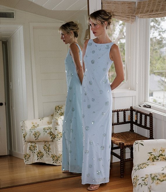 blue embellished maxi dress Moonlit Magic Asymmetric Neckline Embellished Maxi Dress Blue– Selfie Leslie