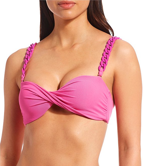 Color:Pink - Image 1 - x Jess Southern Solid Ribbed Removable Chain Strap Twist Bandeau Swim Top