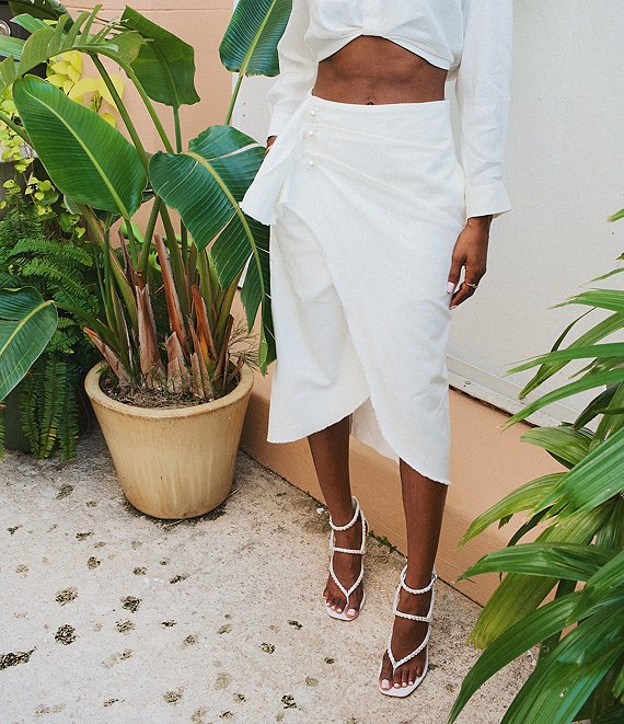Color:Ivory - Image 1 - x Venita Aspen Jessamine Denim Blend Pearl Detail Faux Wrap Skirt