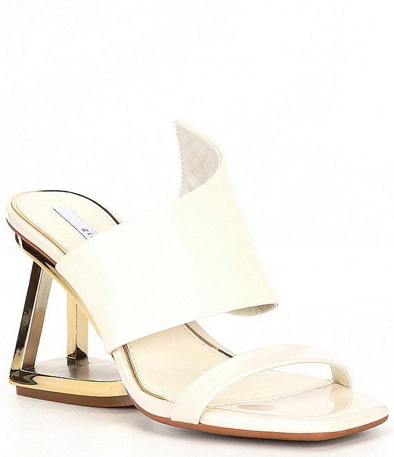 Color:Eggshell - Image 1 - Zeema Cut Out Curved Patent Leather Architectural Wedge Sandals
