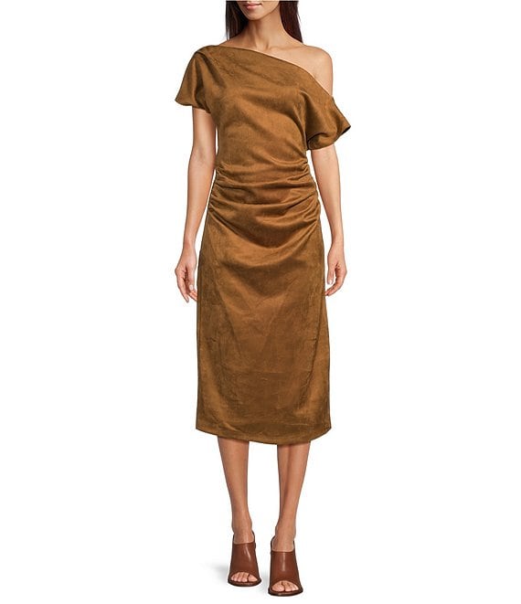 Color:Cognac - Image 1 - Asymmetric One Shoulder Short Sleeve Midi Faux Suede Dress