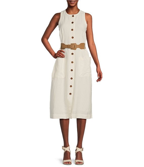 Gibson & Latimer Round Neck Sleeveless Button Front Belted A-Line Midi ...