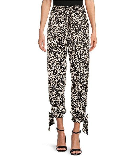 Gibson & Latimer Satin Printed High Waist Belted Ankle Tie Joggers ...