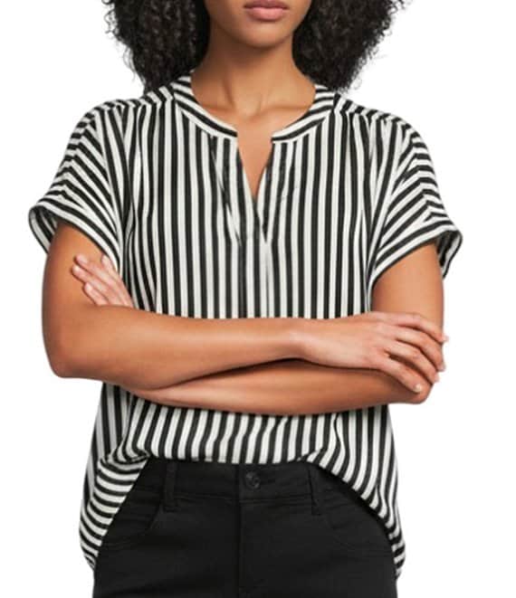 Gibson & Latimer Satin Stripe Moonshadow Split Round Neck Dropped Short Roll Tab Sleeve Hi-Low Shirttail Blouse, Black/White - Image 1