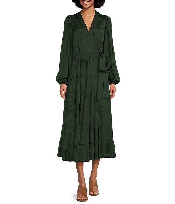 Gibson & Latimer Moonshadow Satin Surplice V-Neck Long Blouson Sleeve Wrap  Tie at Waist A-Line Midi Dress | Dillard's