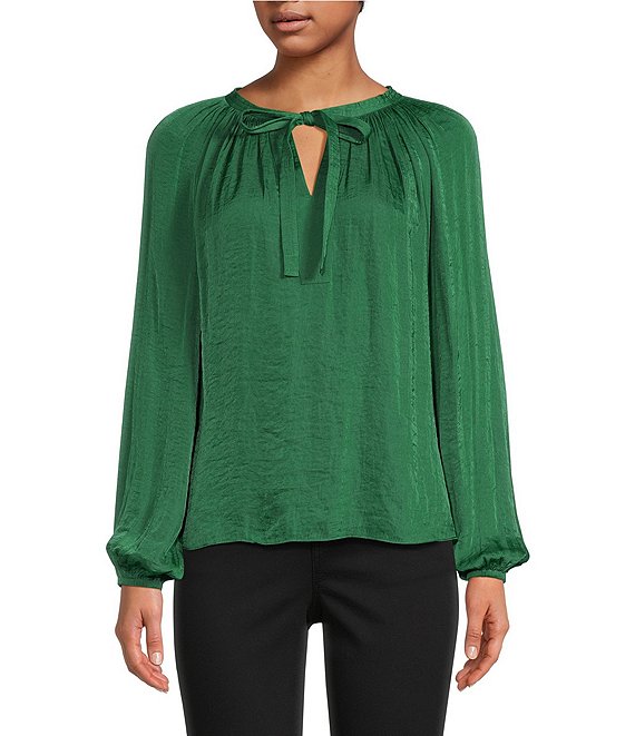 Color:Forest Green - Image 1 - Moonshadow Satin Tie Front Split Round Neck Long Peasant Sleeve Woven Top