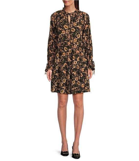 Gibson & Latimer Tie Neck Long Peasant Sleeve Floral Printed Mini Dress ...