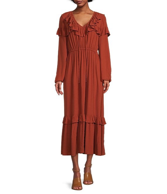 Color:Sienna - Image 1 - Tie V-Neck Long Sleeve Ruffle Trim Crepe Elastic Waist Tiered Maxi Dress