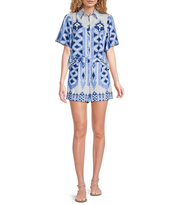 Gibson & Latimer Woven Mixed Print Collar Short Sleeve Button Front Coordinating Shirt
