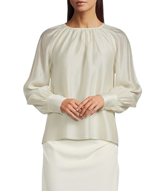 Gibson & Latimer Woven Ruched Crew Neck Long Bubble Sleeve Blouse, Ivory - Image 1