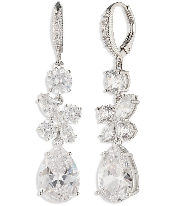 Givenchy Silver Tone Cluster CZ Double Linear Earrings