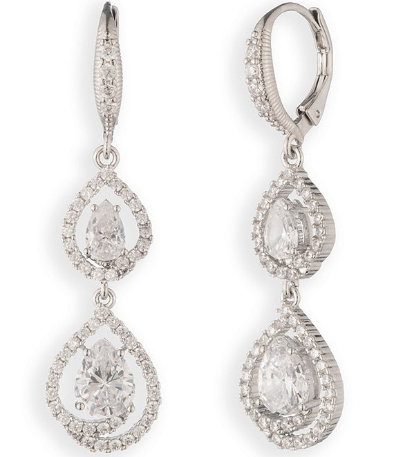 Givenchy Silver Tone Crystal CZ Double Drop Earrings