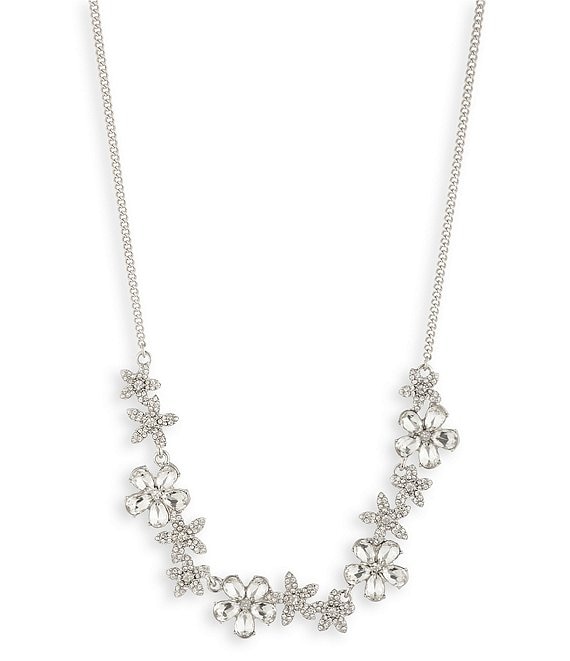 Givenchy Silver Tone Crystal Floral Frontal Collar Necklace