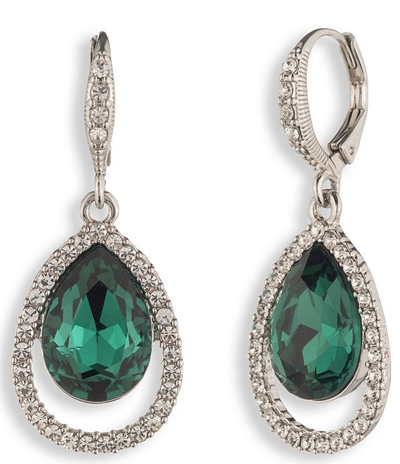 Givenchy Silver Tone Emerald Open Pave Pear Drop Earrings
