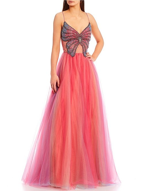 Color:Multi - Image 1 - Embellished Butterfly Sequin Ball Gown
