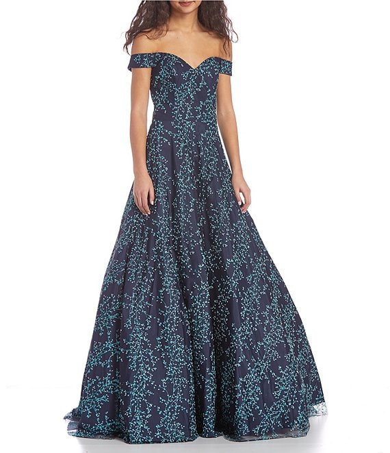 Glamour by Terani Couture Off-The-Shoulder Sweetheart Neck Glitter Floral  Patterned Mesh Ball Gown | Dillard's