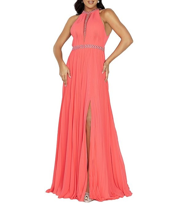 Color:Coral - Image 1 - Sleeveless Beaded Halter-Neck Slit Hem Pleated Ball Gown