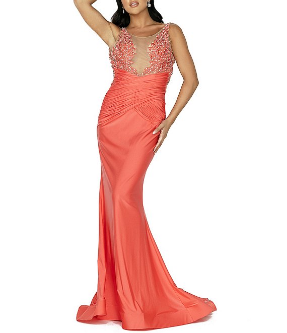 Color:Coral - Image 1 - Sleeveless Illusion Embellished Ruched Waist Satin Long Dress