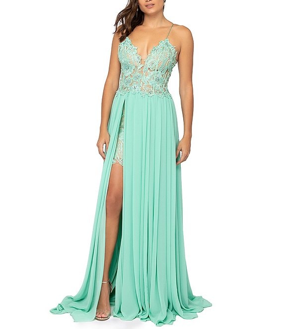 Color:Mint/Nude - Image 1 - Spaghetti-Strap V-Neck Embroidered Lace Bodice High Slit Chiffon Ball Gown