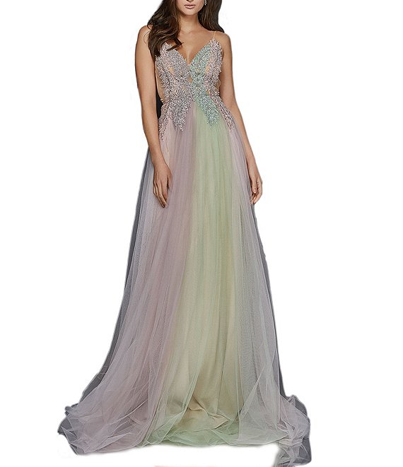 Color:Multi Pink - Image 1 - Spaghetti-Strap V-Neck Illusion Embellished Chiffon Ball Gown