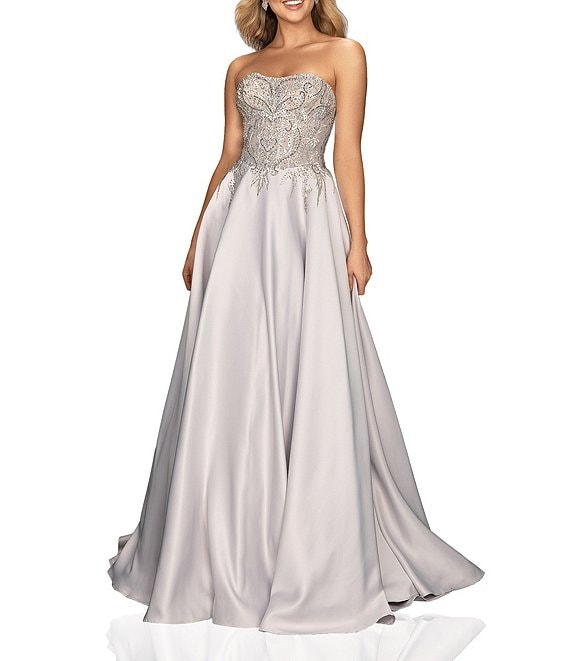 Glamour by Terani Couture Strapless Illusion Beaded Bodice Solid Satin ...