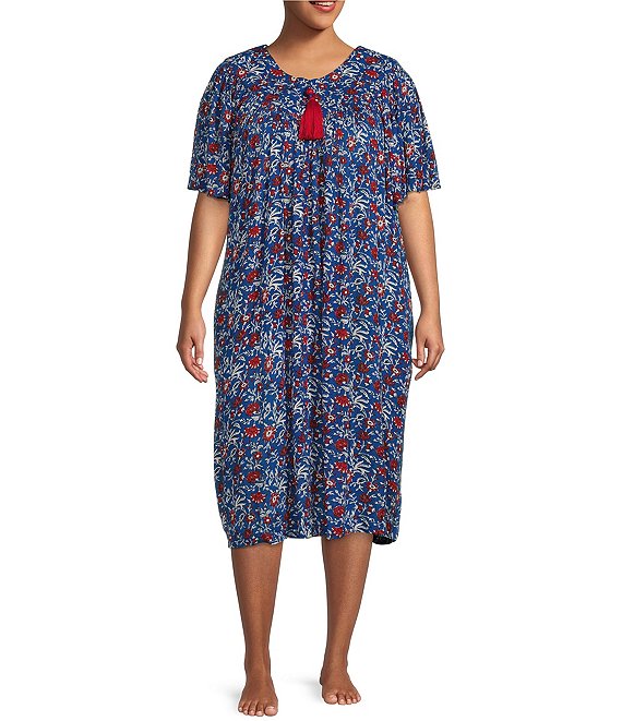 Go Softly Plus Size Americana Floral Print V-Neck Short Sleeve Tassel Zip Front Patio Dress