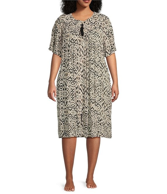 Go Softly Plus Size Ikat Print V-Neck Short Sleeve Zip-Front