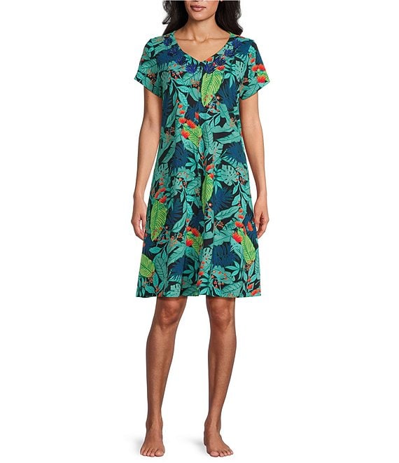 Go Softly Tropical Palm Print Short Sleeve V-Neck Zip-Front Patio Dress ...