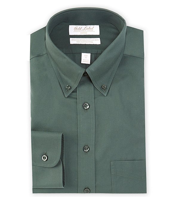 Color:Evergreen - Image 1 - Gold Label Roundtree & Yorke Fitted Non-Iron Button Down Collar Solid Dress Shirt