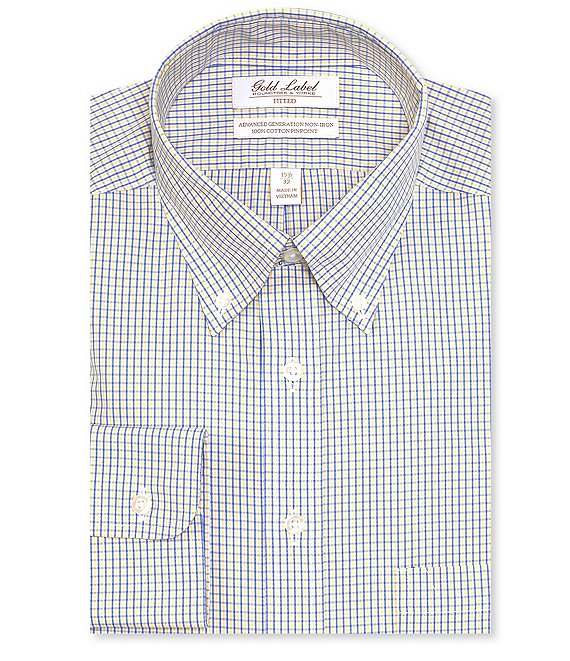 Color:Yellow/Blue/White - Image 1 - Gold Label Roundtree & Yorke Fitted Non-Iron Button Down Collar Grid-Check Dress Shirt