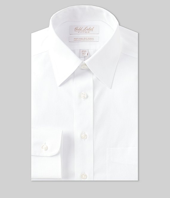 Color:White - Image 1 - Gold Label Roundtree & Yorke Non-Iron Fitted Point-Collar Solid Dress Shirt