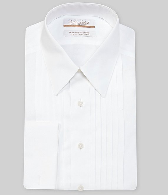 Color:White - Image 1 - Gold Label Roundtree & Yorke Non-Iron Full-Fit Point-Collar Solid Tuxedo Dress French Cuff Shirt