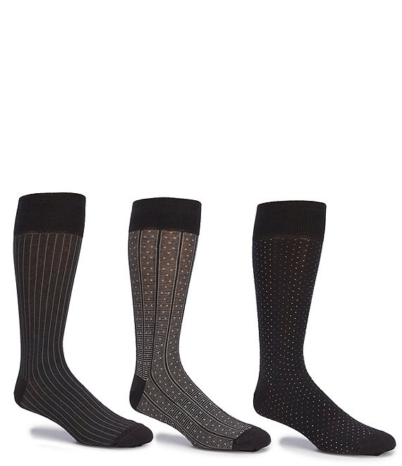 Roundtree & Yorke Gold Label Roundtree & Yorke Printed Crew Dress Socks 3-Pack, Black - Image 1