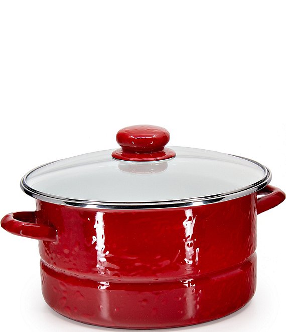 Golden Rabbit Solid Red 6 qt. Enamelware Stock Pot with Glass Lid