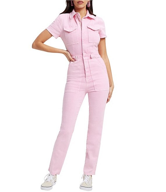 Good American Fit for Success Point Collar Short Sleeve Pocket Stretch Denim Flight Suit