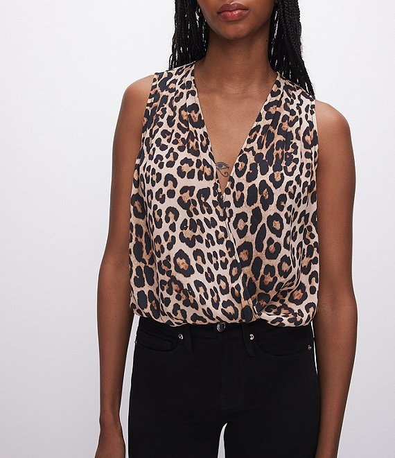 Color:Good leopard003 - Image 1 - Georgette Leopard Print Wrap V-Neck Sleeveless Bodysuit